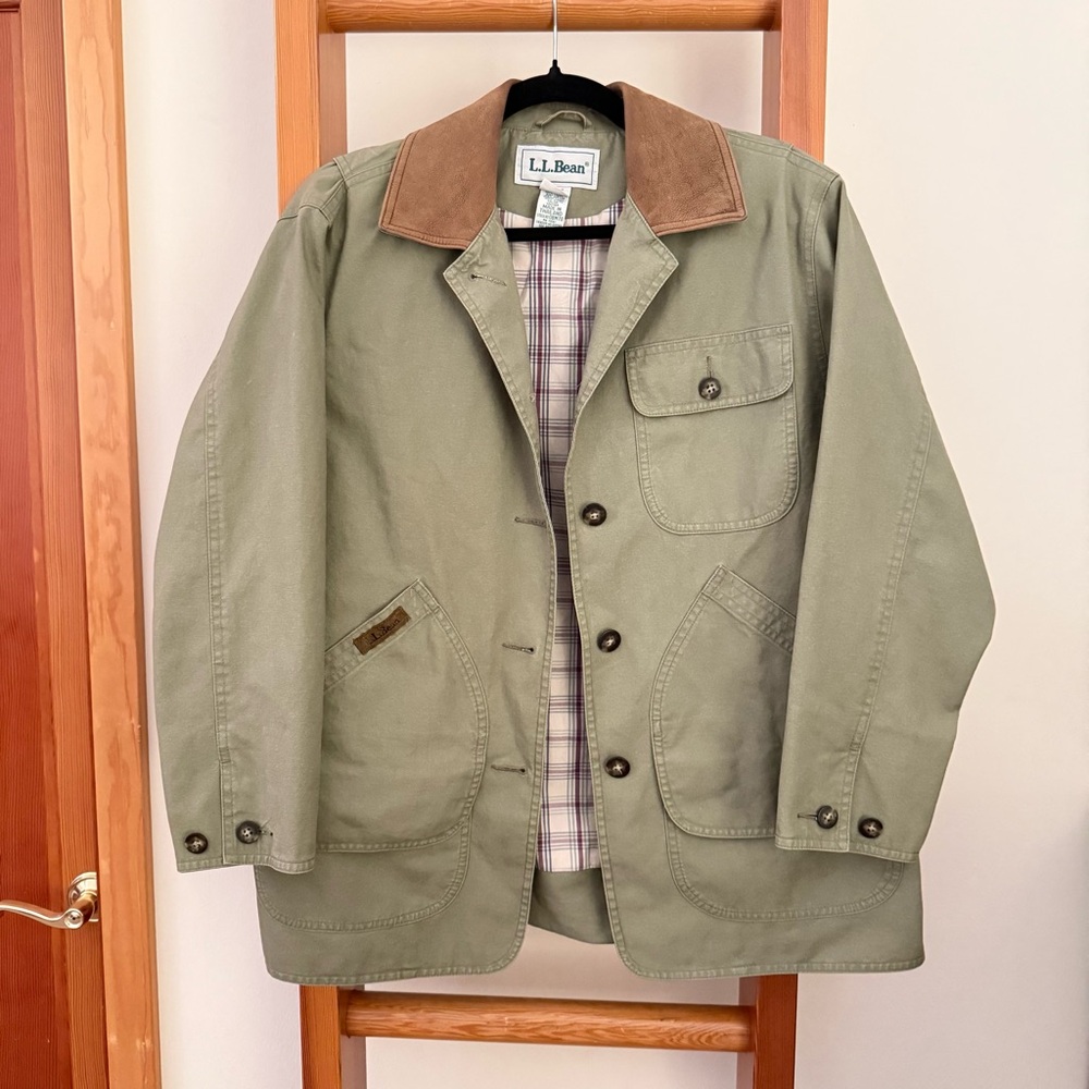 LL Bean Vintage Leather Collar Barn Jacket Olive Small Petite Cottagecore